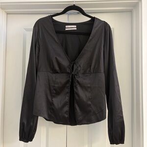 Urban Outfitters Black Satin Tie-Front  Long Sleeve Top